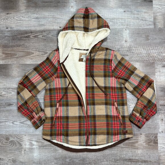 LL BEAN Plaid Sherpa Lined Hooded Flannel Zip Jacket Women's Small - Picture 1 of 14